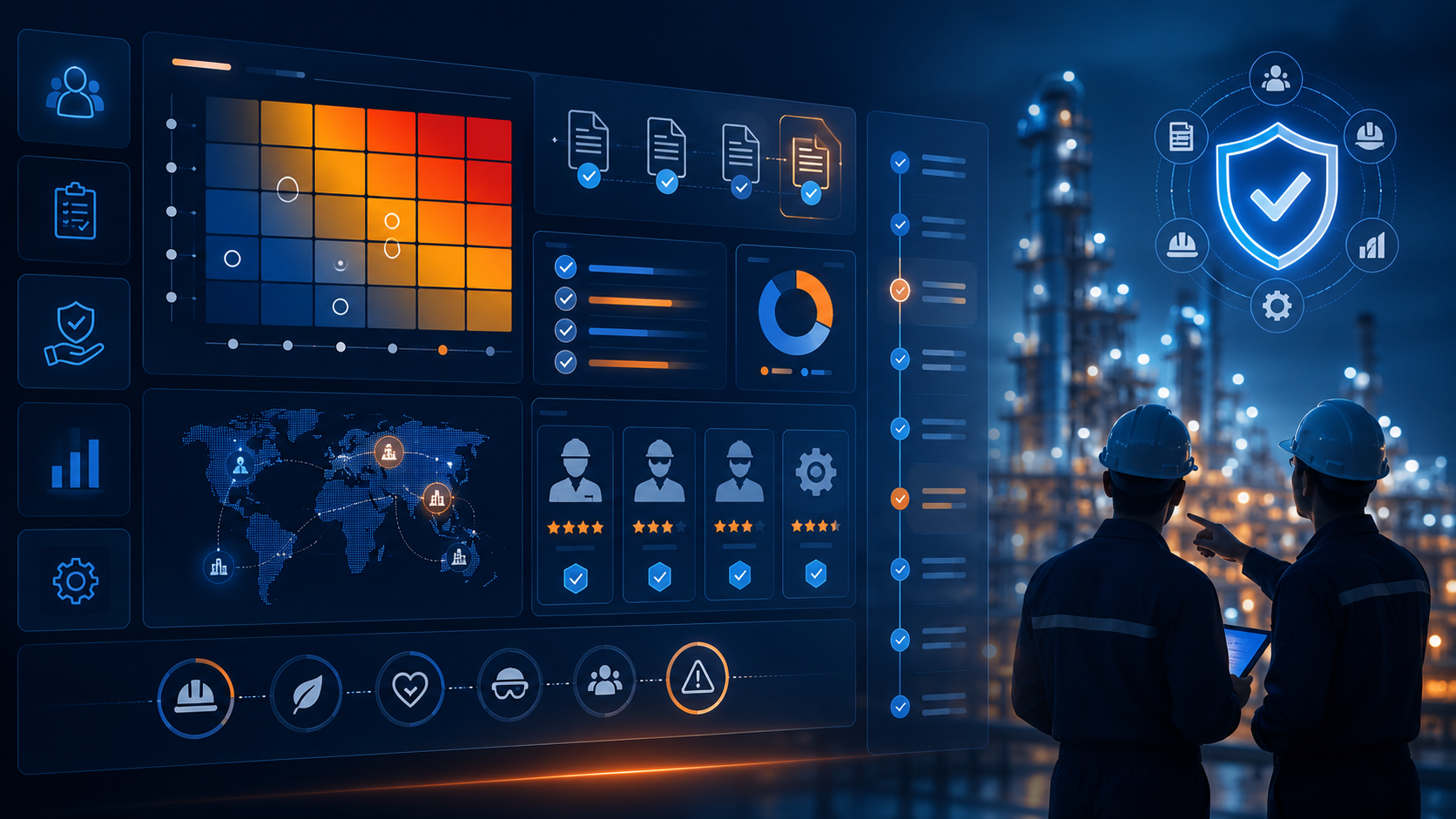 Profissionais em ambiente industrial com interface digital representando governança de contratadas, conformidade, auditoria e gestão de riscos.